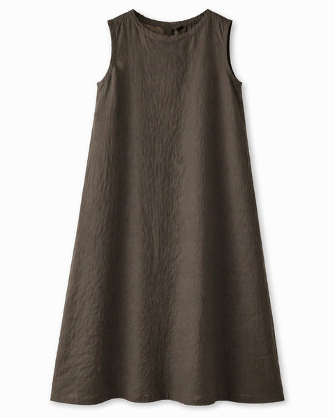 Vestido lino corto sin mangas marron