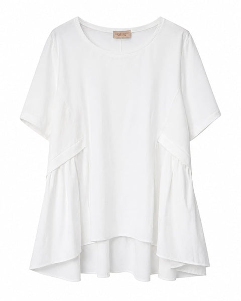 Blusa de algodón blanca fluida con manga corta y paneles laterales fruncidos diseño elegante y cómodo en coior blanco