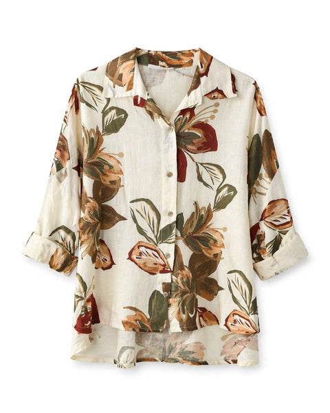 camisa 100% lino blanca con estampado de flores