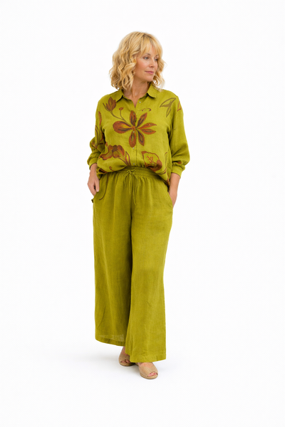 Pantalón 100% lino clásico beige claro con goma en la cintura  con modelo