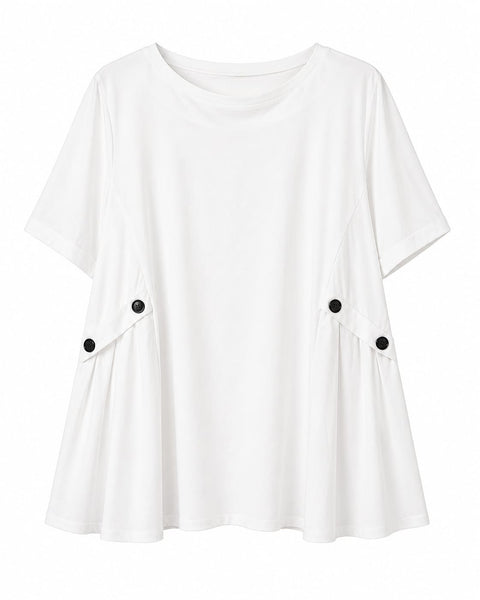 Blusa de viscosa blanca con corte fluido y botones laterales decorativos diseño elegante y cómodo