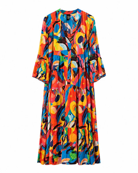 Vestido largo multicolor estampado con manga amplia y caída fluida para mujer