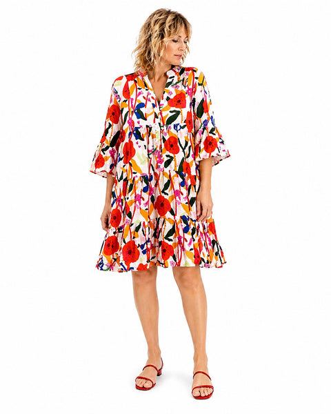 Vestido corto de viscosa con estampado floral multicolor y corte amplio veraniego con modelo