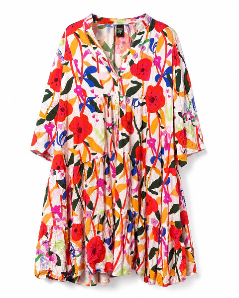 Vestido corto de viscosa con estampado floral multicolor y corte amplio veraniego