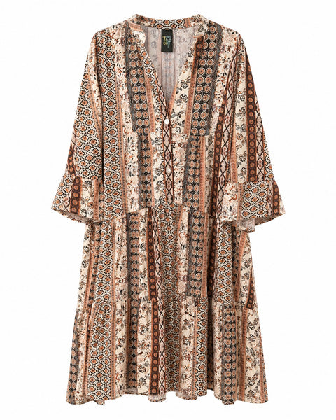 Vestido midi de viscosa estampado en tonos tierra con brillo de pequeños cristalito