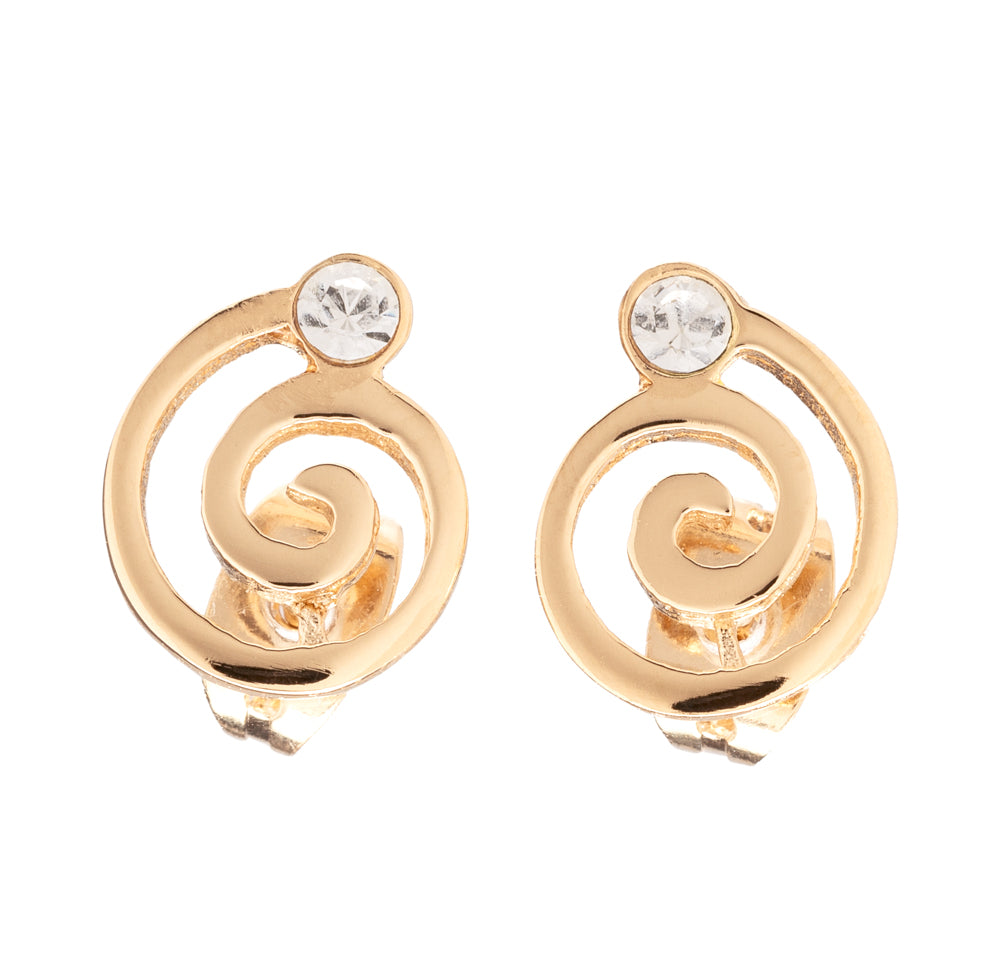 Pendientes bañados en oro de 18klt con forma de espiral acabados con un cristal en blanco