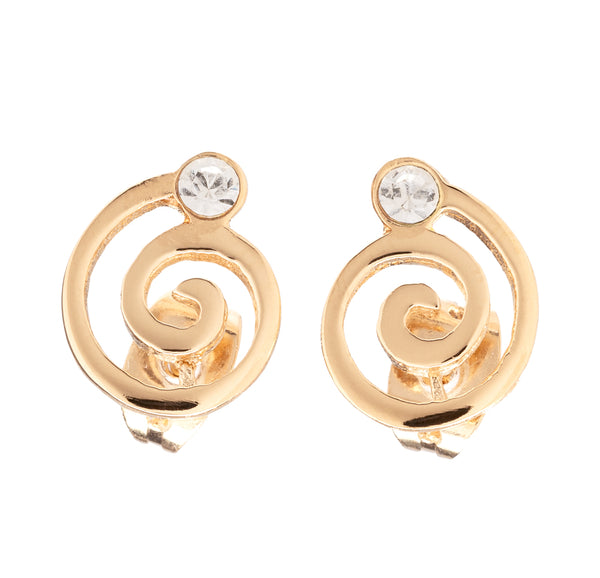Pendientes bañados en oro de 18klt con forma de espiral acabados con un cristal en blanco