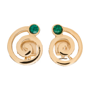 Pendientes bañados en oro de 18klt con forma de espiral acabados con un cristal en verde