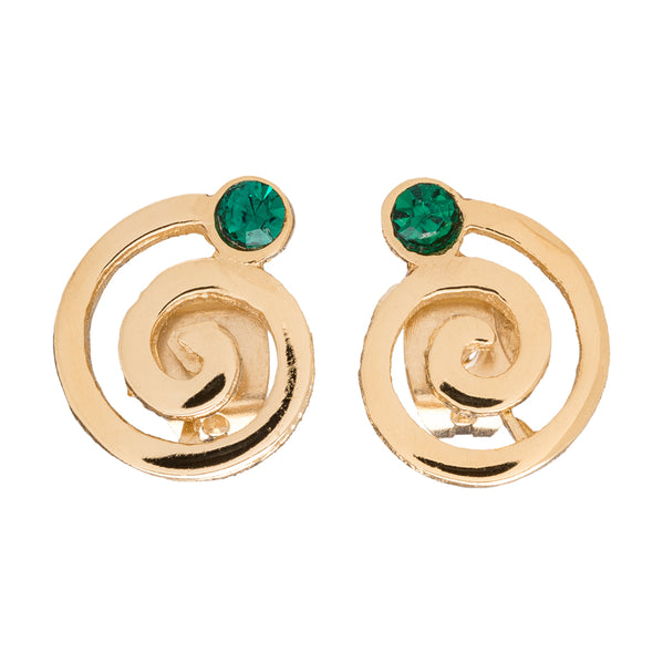 Pendientes bañados en oro de 18klt con forma de espiral acabados con un cristal en verde